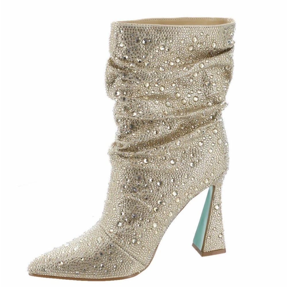 Betsey Johnson Mac Crystal-Studded Cream Heeled Boots - Picture 2 of 10